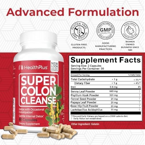 Health Plus Super Colon Cleanse 15 Day Supply of Gentle Gut Cleanse Detox, Psyllium Husk, Probiotics for Constipation Relief & Digestive Support, 60 Capsules - Image 2